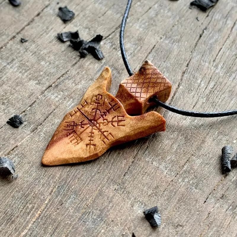 Handcarved Unique Wood Viking Spear Vegvisir Pendant