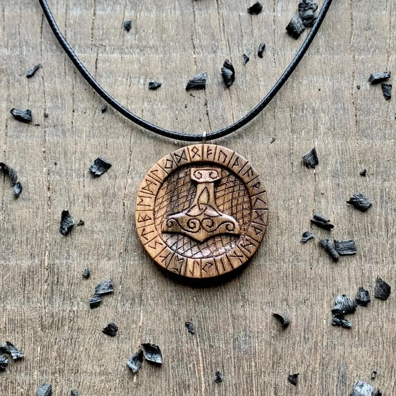 Handcarved Unique Wood Walnut Mjolnir Runes Pendant
