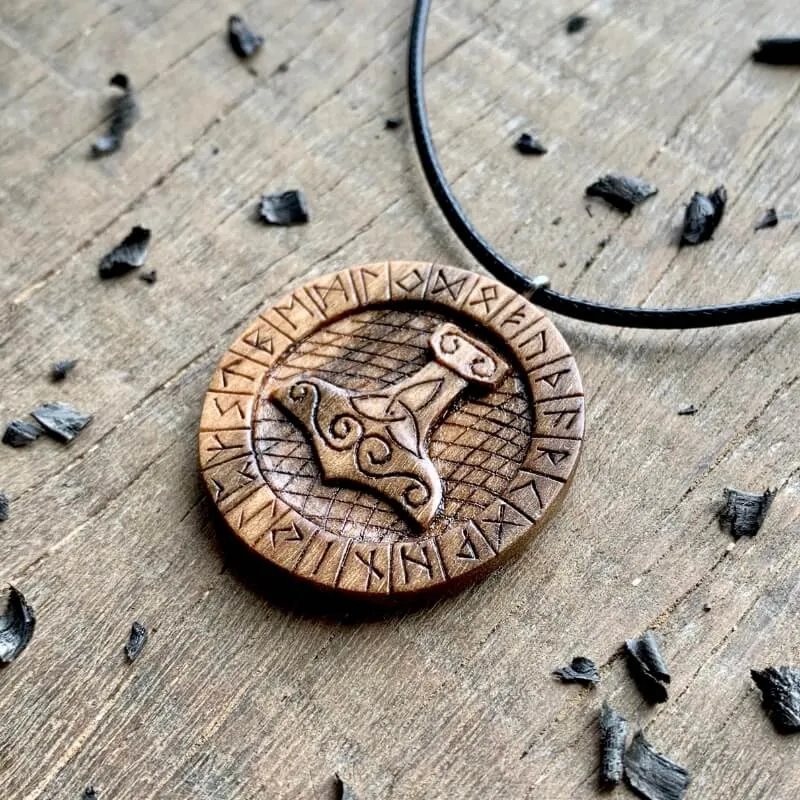 Handcarved Unique Wood Walnut Mjolnir Runes Pendant