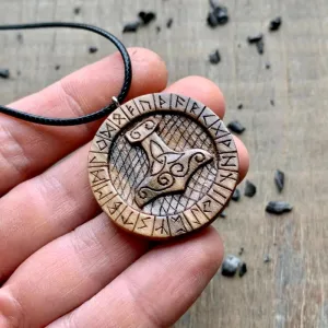 Handcarved Unique Wood Walnut Mjolnir Runes Pendant