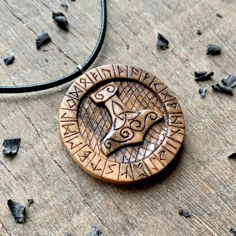Handcarved Unique Wood Walnut Mjolnir Runes Pendant