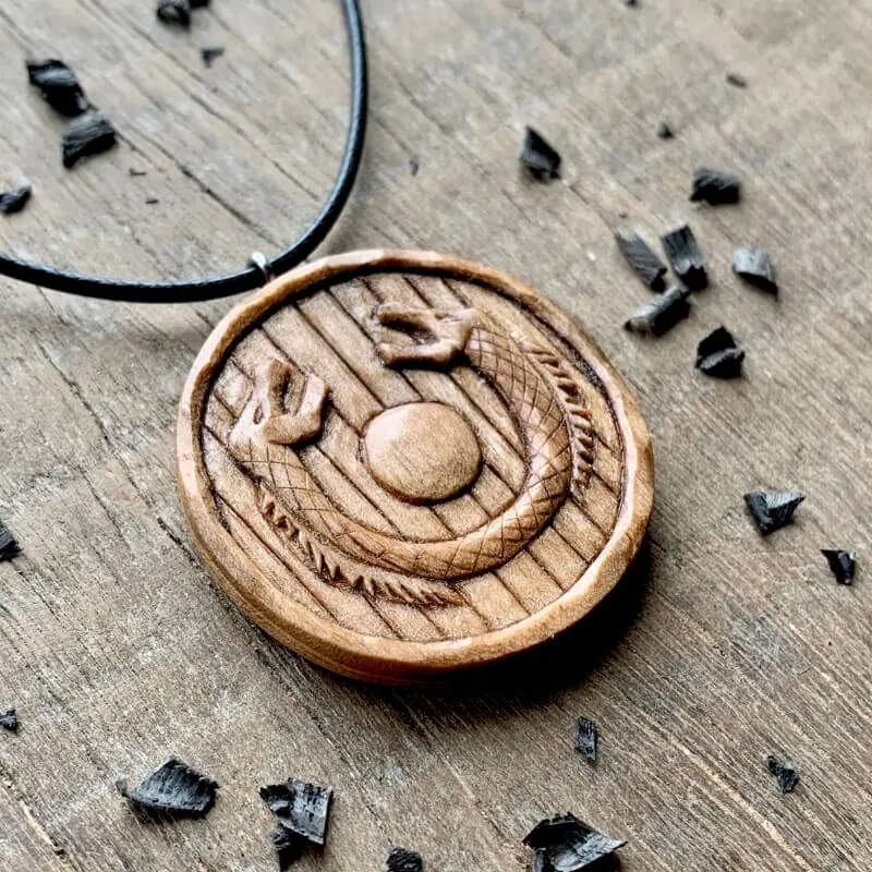 Handcarved Unique Wood Walnut Viking Shield Dragons Pendant