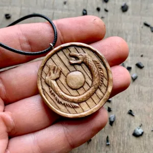 Handcarved Unique Wood Walnut Viking Shield Dragons Pendant