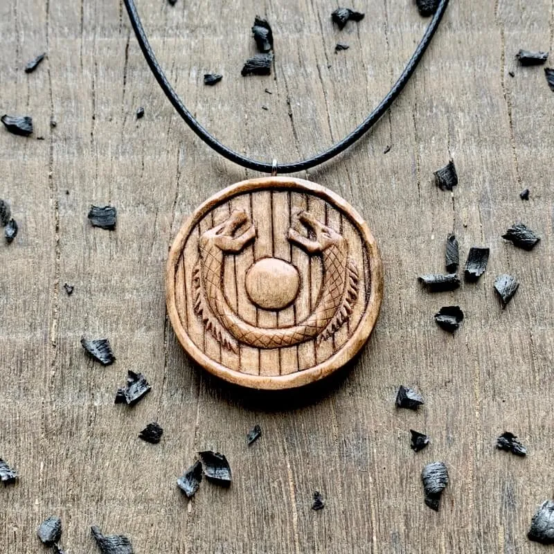Handcarved Unique Wood Walnut Viking Shield Dragons Pendant