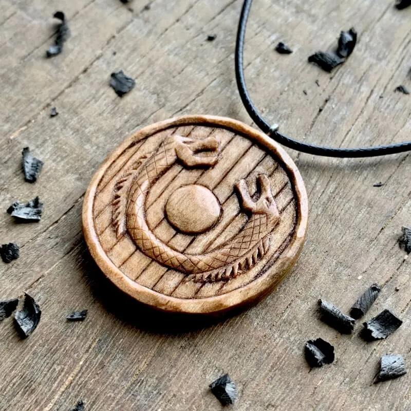 Handcarved Unique Wood Walnut Viking Shield Dragons Pendant