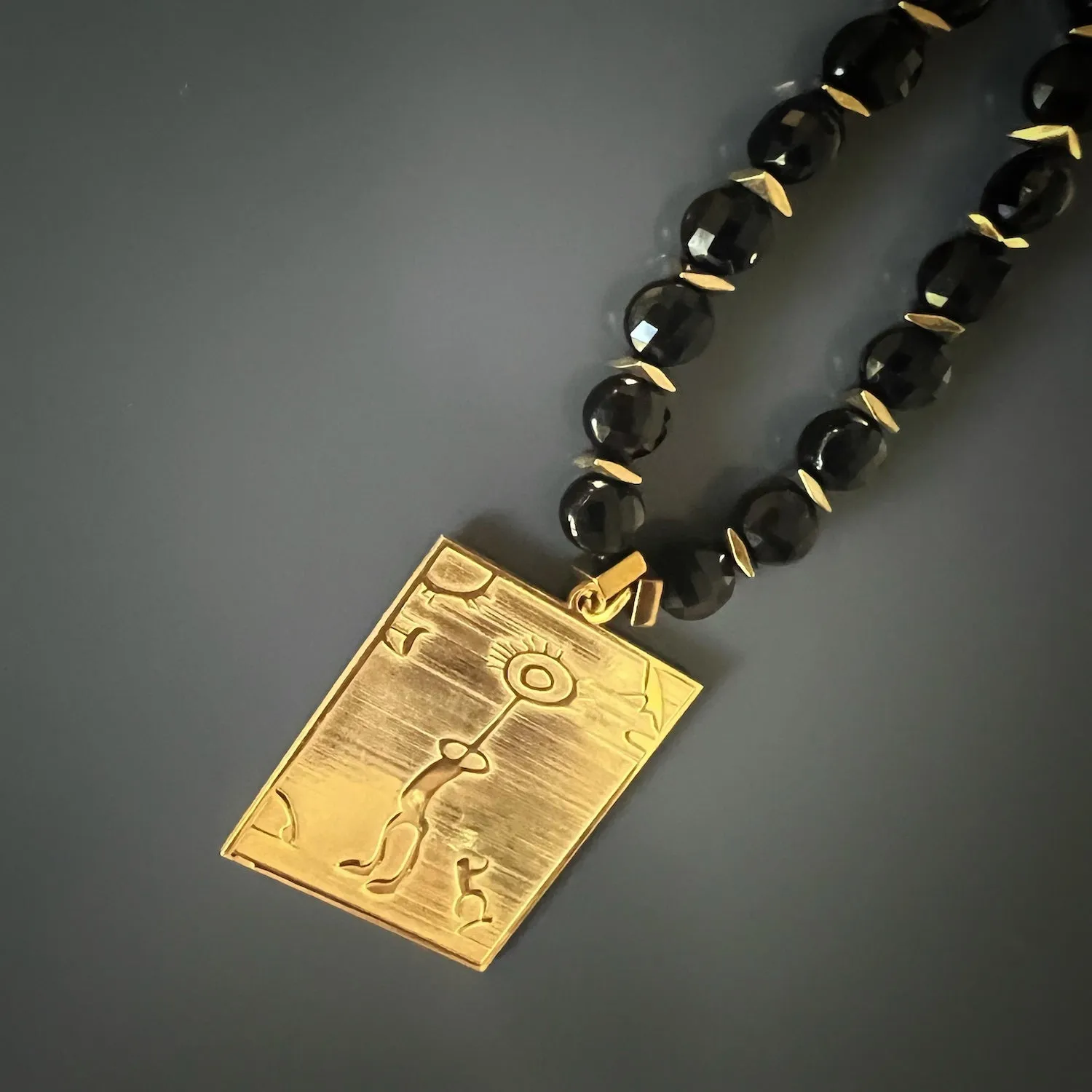 Healer Spiral Sun Shamanic Pendant Black Agate Beaded Necklace