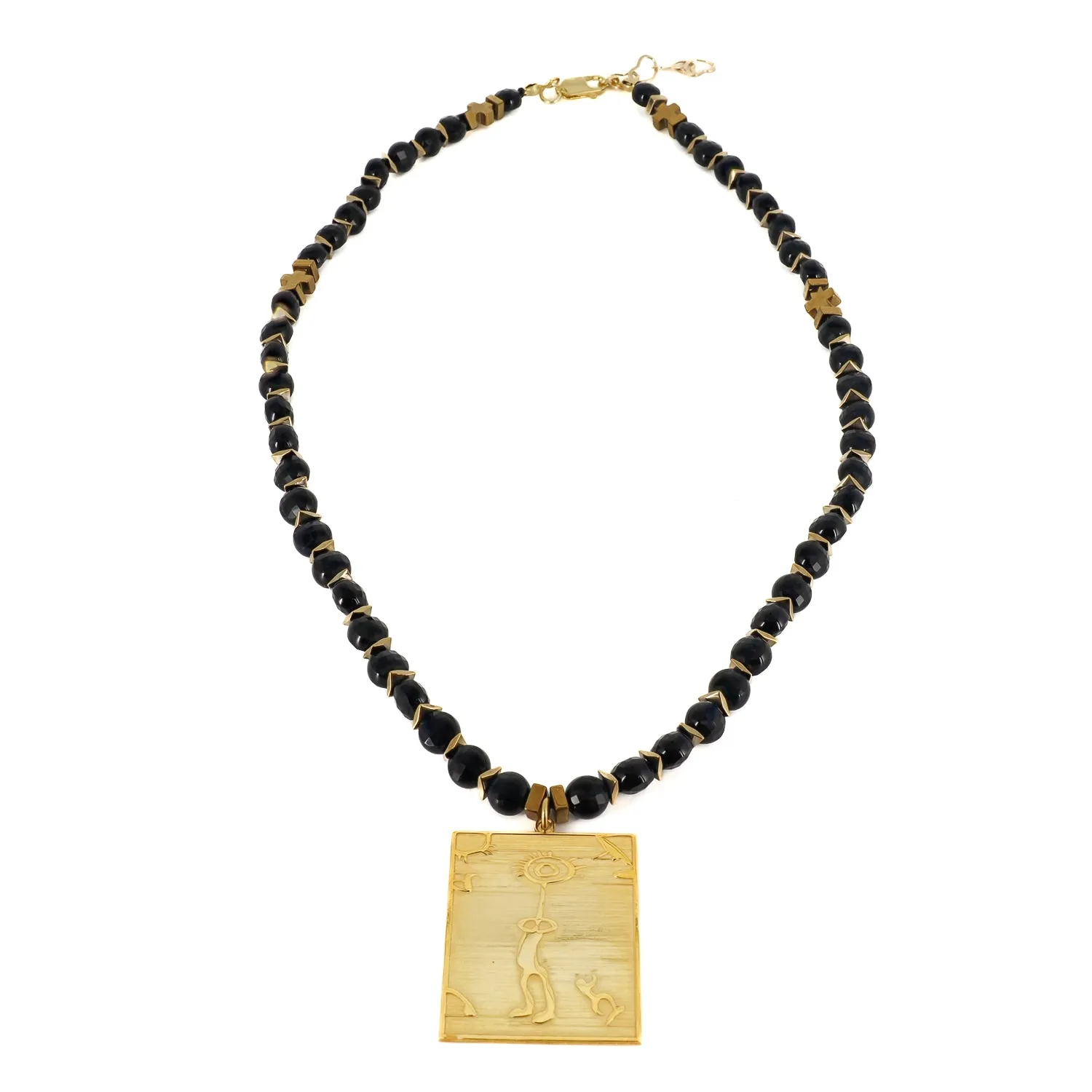 Healer Spiral Sun Shamanic Pendant Black Agate Beaded Necklace