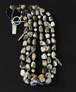 Jasper Tumbled Nugget 3-Strand Necklace with Smoky Quartz, Czechoslovakian Nailheads, Sterling Silver Feather Charms, and Sterling Beads & Toggle Clasp