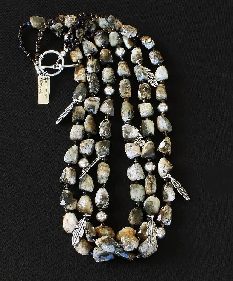 Jasper Tumbled Nugget 3-Strand Necklace with Smoky Quartz, Czechoslovakian Nailheads, Sterling Silver Feather Charms, and Sterling Beads & Toggle Clasp
