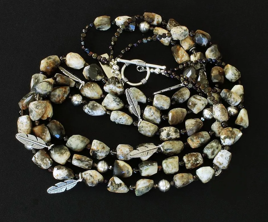 Jasper Tumbled Nugget 3-Strand Necklace with Smoky Quartz, Czechoslovakian Nailheads, Sterling Silver Feather Charms, and Sterling Beads & Toggle Clasp