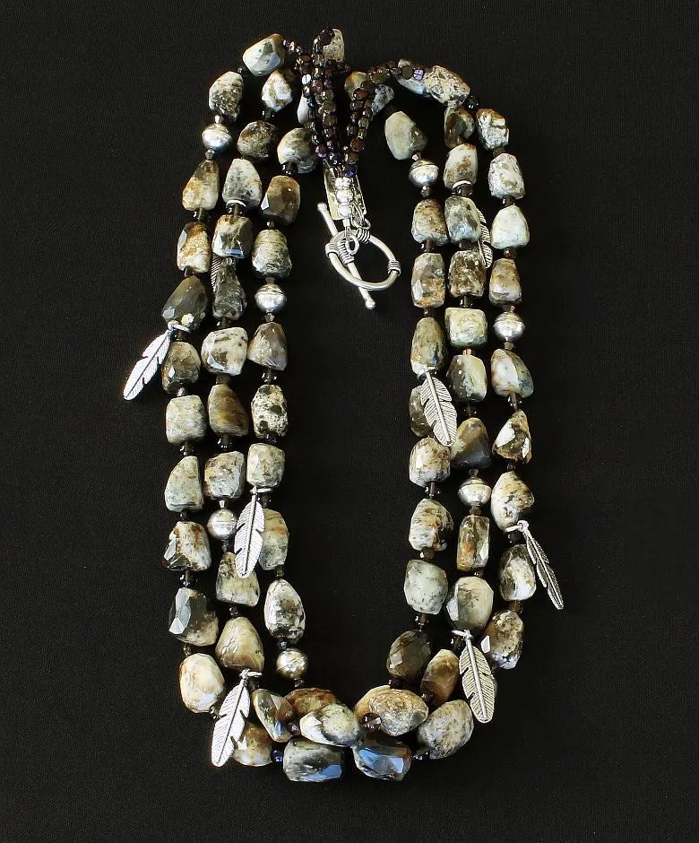Jasper Tumbled Nugget 3-Strand Necklace with Smoky Quartz, Czechoslovakian Nailheads, Sterling Silver Feather Charms, and Sterling Beads & Toggle Clasp