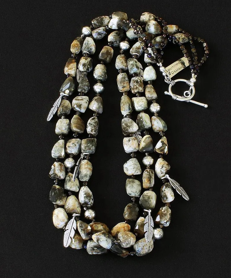 Jasper Tumbled Nugget 3-Strand Necklace with Smoky Quartz, Czechoslovakian Nailheads, Sterling Silver Feather Charms, and Sterling Beads & Toggle Clasp