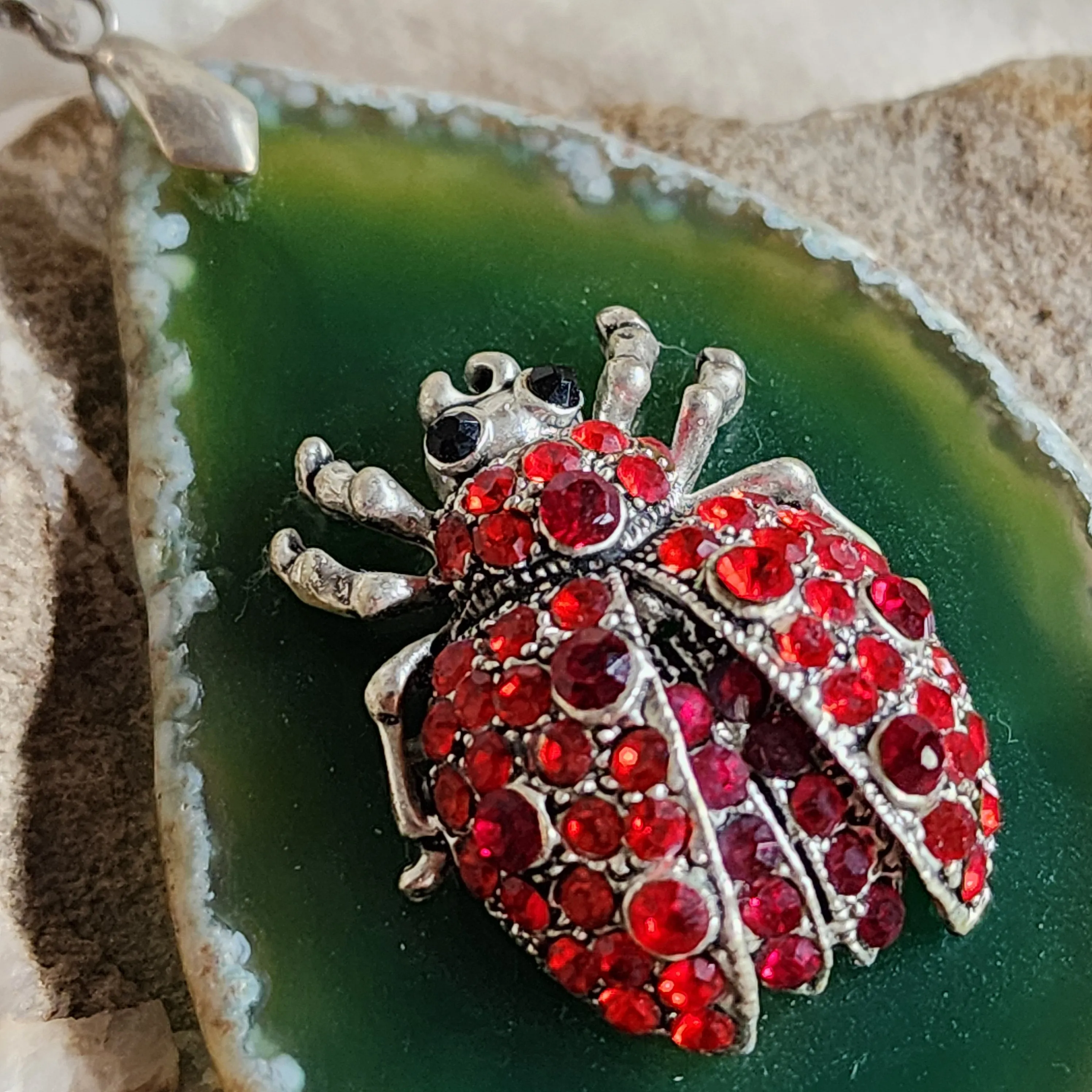 Just The Sweet Thing / Artisan Boho Necklace Designer Jewelry Silver Lady Bug Pendant Natural Green Agate Stone Unique Necklace