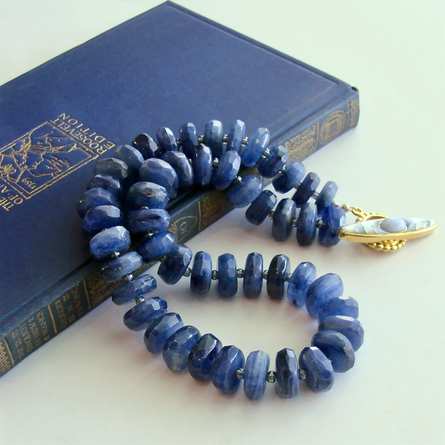 Kyanite Slices Choker Necklace Blue Chalcedony & MOP Inlay Toggle - Livie Choker Necklace