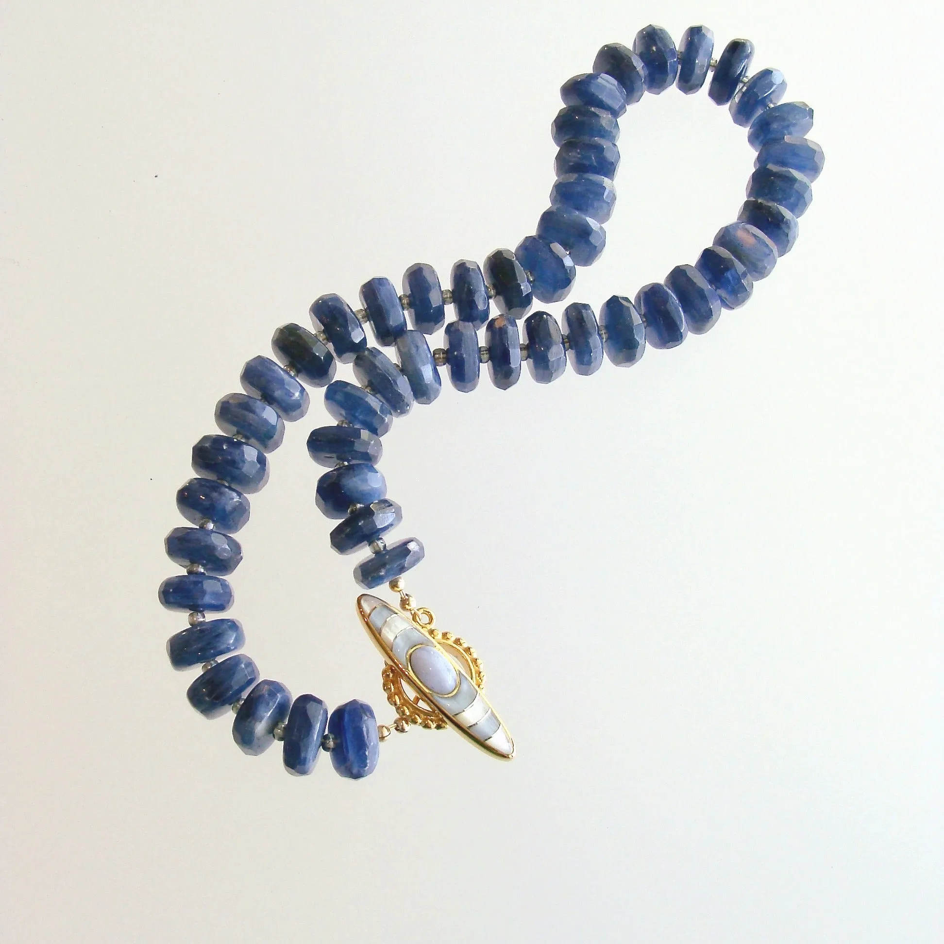 Kyanite Slices Choker Necklace Blue Chalcedony & MOP Inlay Toggle - Livie Choker Necklace