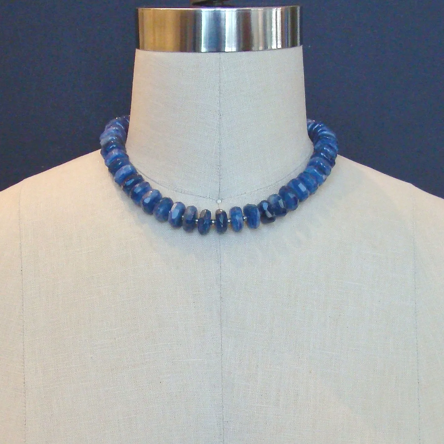 Kyanite Slices Choker Necklace Blue Chalcedony & MOP Inlay Toggle - Livie Choker Necklace