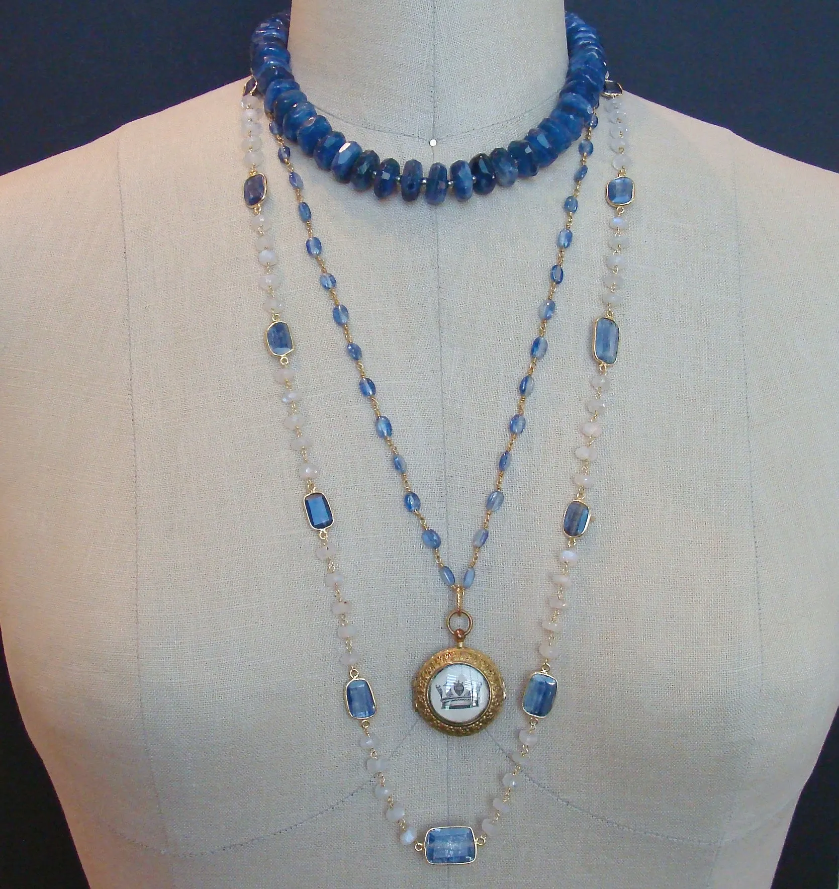 Kyanite Slices Choker Necklace Blue Chalcedony & MOP Inlay Toggle - Livie Choker Necklace