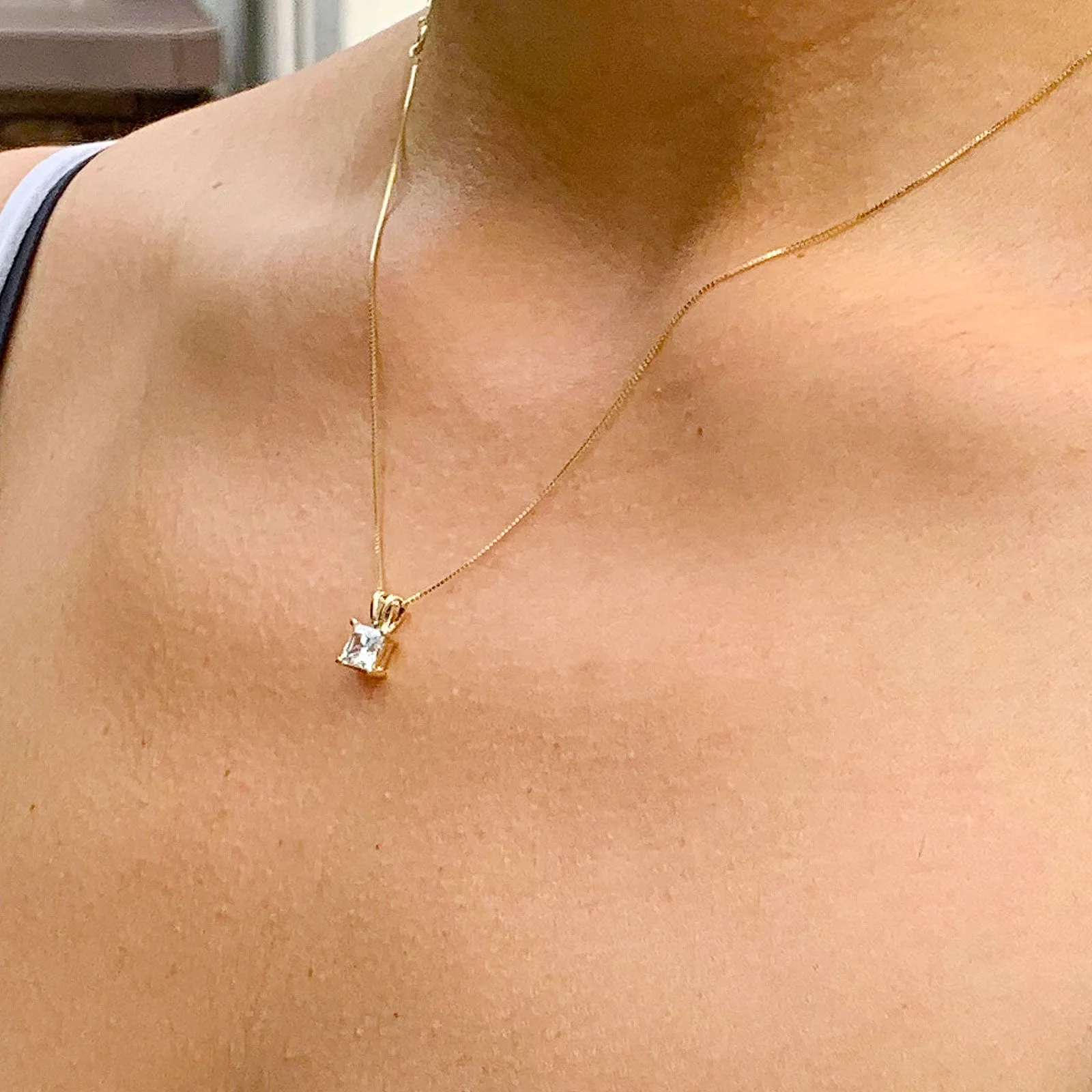 Lady's delicate 14k solid yellow gold 1.00ct princess cut forever one moissanite prong set solitaire necklace and chain