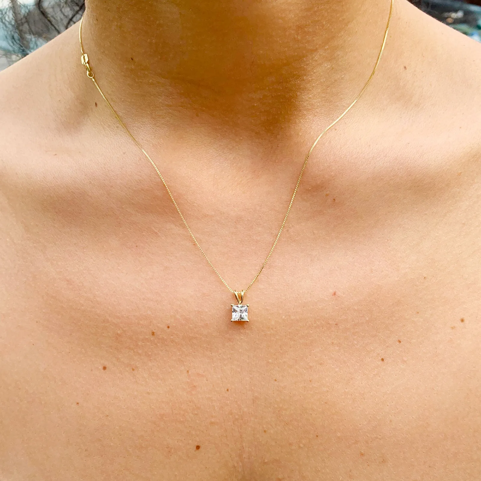 Lady's delicate 14k solid yellow gold 1.00ct princess cut forever one moissanite prong set solitaire necklace and chain