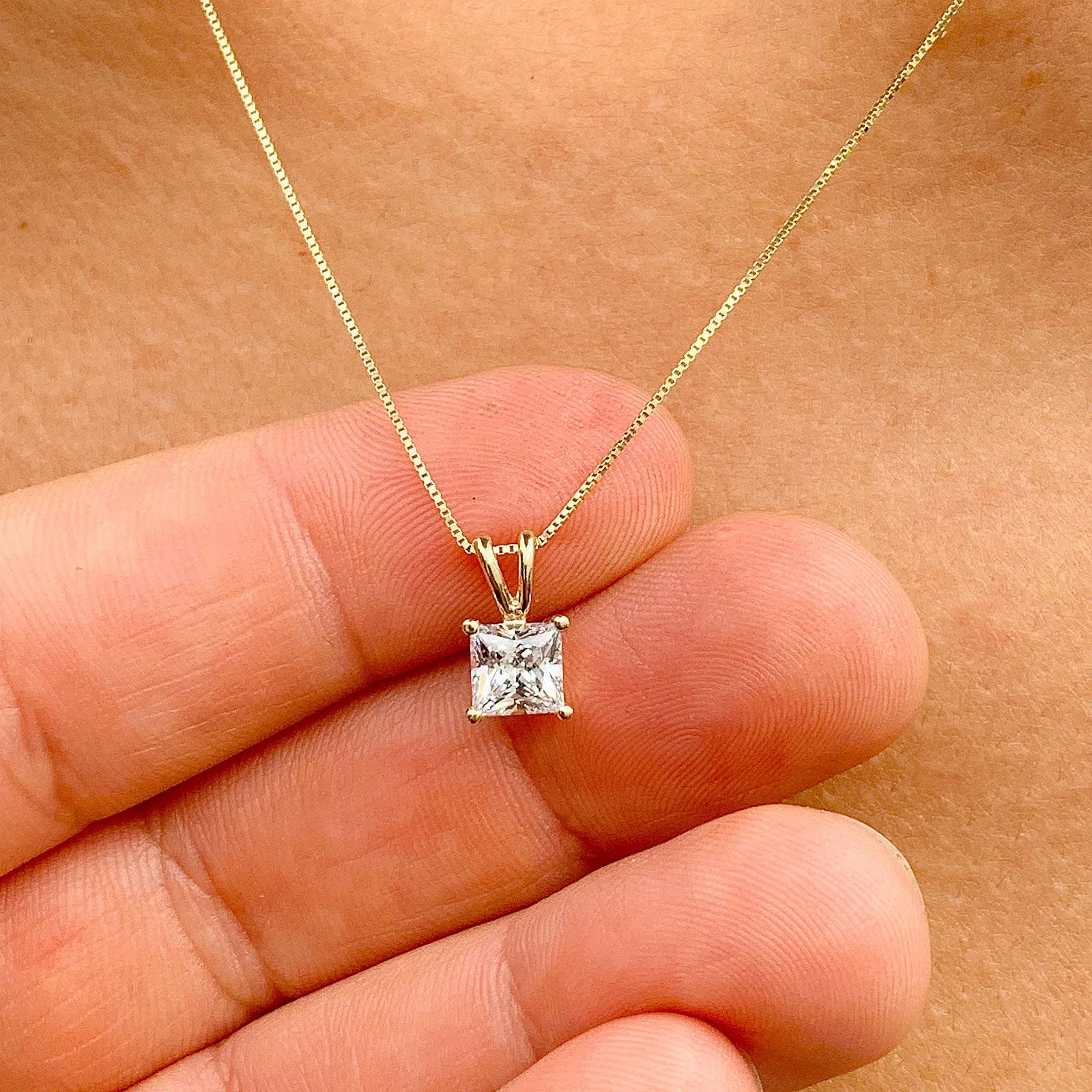 Lady's delicate 14k solid yellow gold 1.00ct princess cut forever one moissanite prong set solitaire necklace and chain