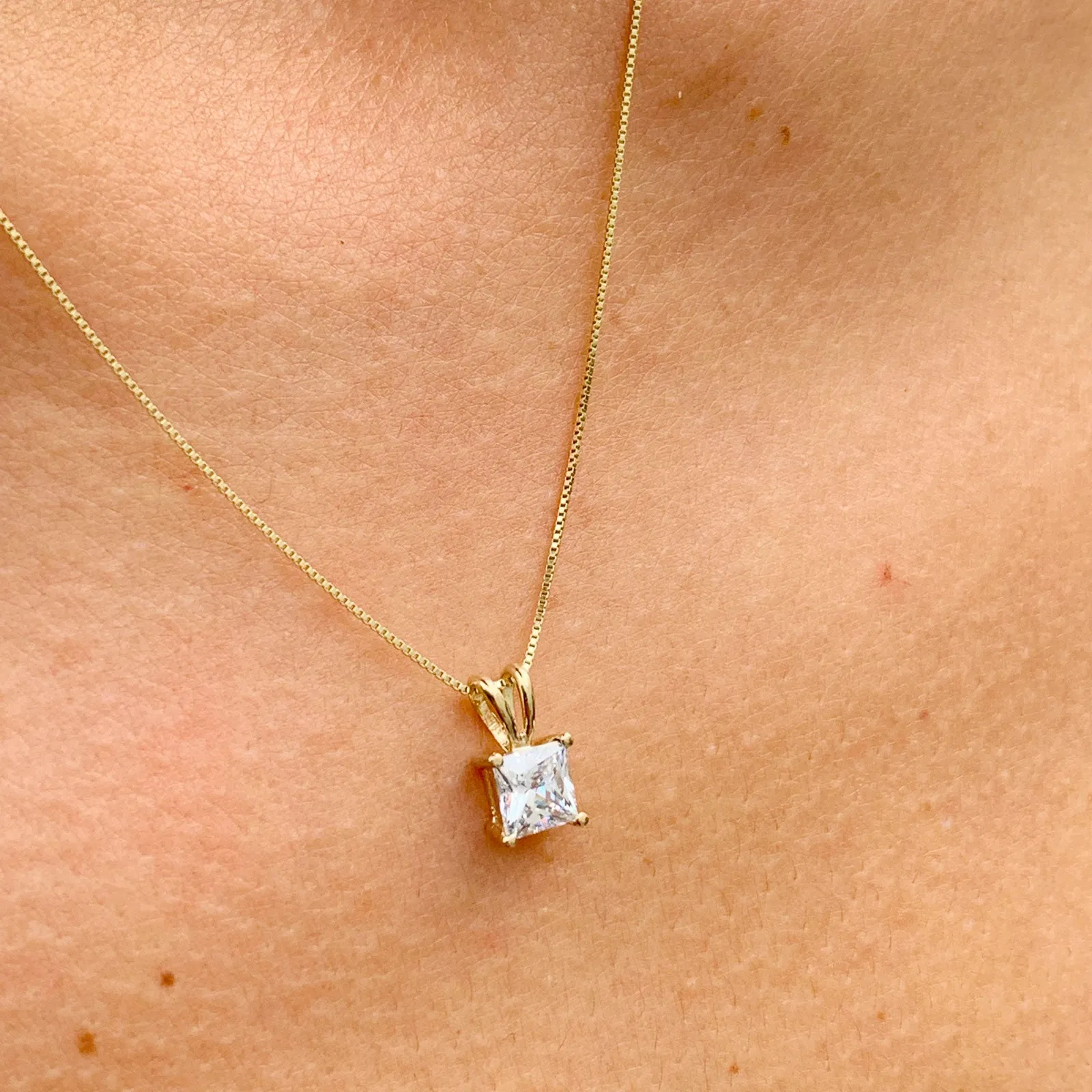 Lady's delicate 14k solid yellow gold 1.00ct princess cut forever one moissanite prong set solitaire necklace and chain