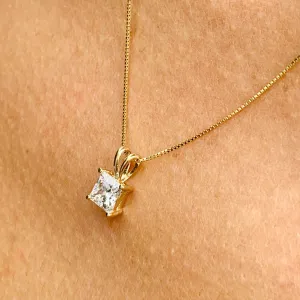 Lady's delicate 14k solid yellow gold 1.00ct princess cut forever one moissanite prong set solitaire necklace and chain
