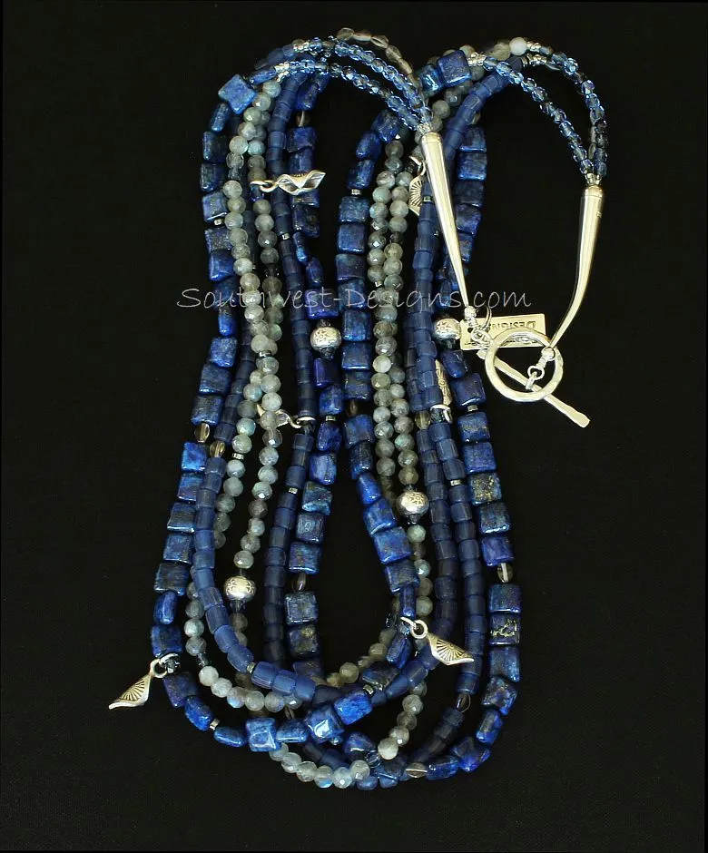 Lapis, Indonesian Glass and Labradorite 6-Strand Necklace with Czech Fire Polished Glass, Hill Tribe Silver Charms & Rondelle Beads, and Sterling Silver Cones and Toggle Clasp