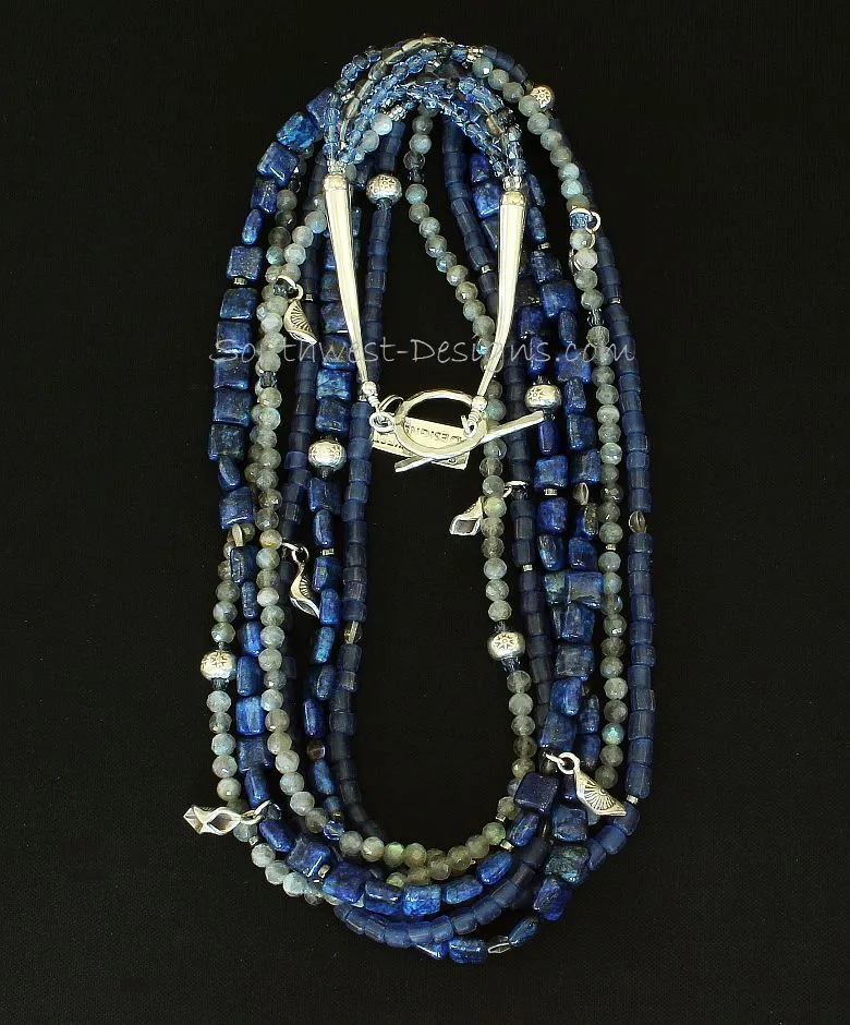 Lapis, Indonesian Glass and Labradorite 6-Strand Necklace with Czech Fire Polished Glass, Hill Tribe Silver Charms & Rondelle Beads, and Sterling Silver Cones and Toggle Clasp