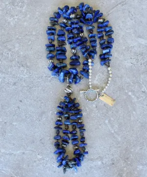 Lapis Lazuli Graduated Nugget 2-Strand Necklace with 2-Loop Lapis Jacla, Black Clay Bird Amulets, Blue Iolite and Smoky Quartz Rounds, Olive Shell Heishi, and Sterling Silver Rounds, Fluted Bicones, Coiled Rondelle Bead & Toggle Clasp