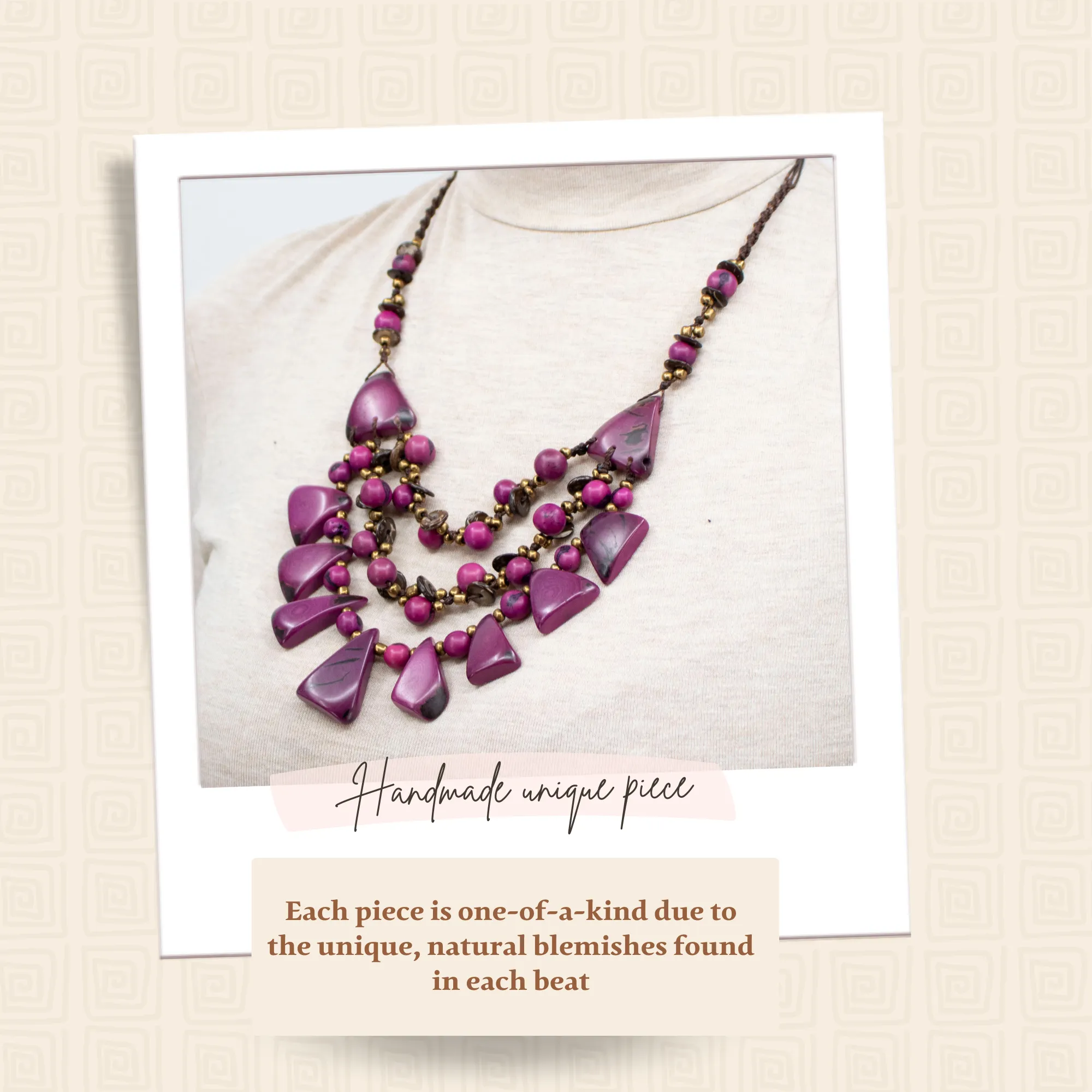 Lavender Tagua and Acai beads geometric pyramid necklace