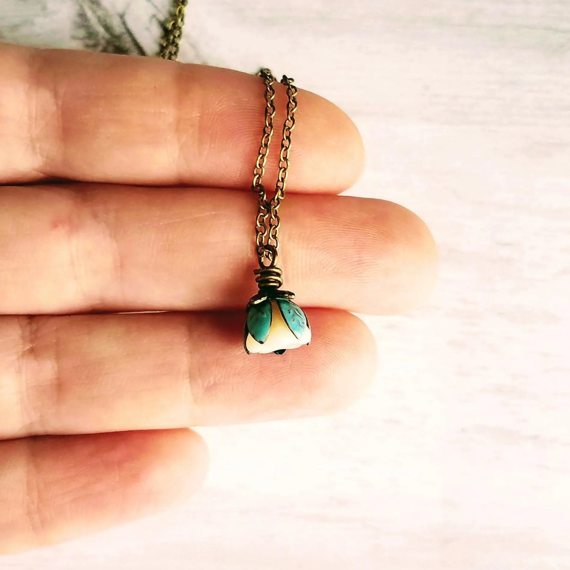 Little Flower Necklace - delicate boho blossom pendant in vanilla cream - mint aqua patina leaves - thin fine antique brass/bronze chain