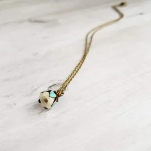Little Flower Necklace - delicate boho blossom pendant in vanilla cream - mint aqua patina leaves - thin fine antique brass/bronze chain