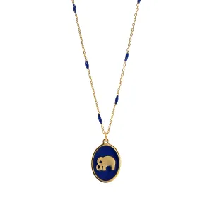 Lucky Elephant Pendant Blue Enamel & Gold Chain Necklace