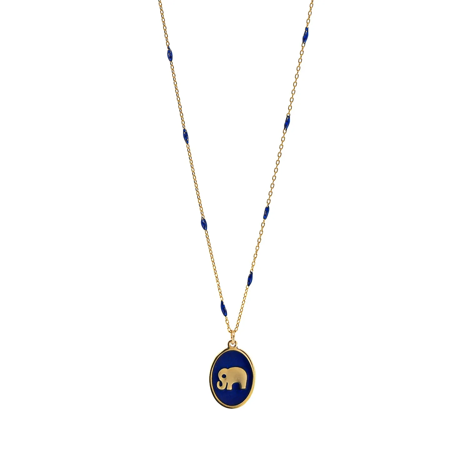Lucky Elephant Pendant Blue Enamel & Gold Chain Necklace
