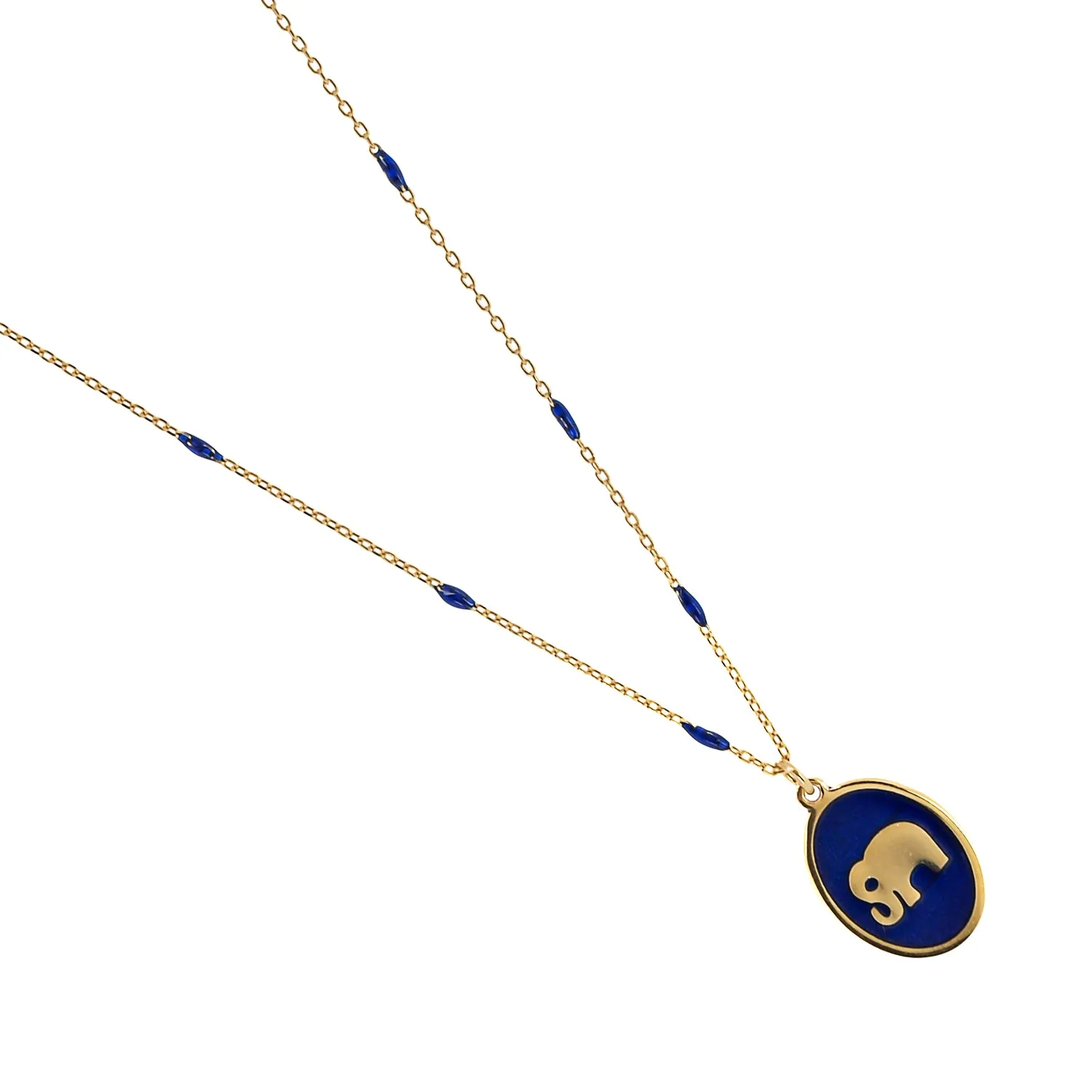 Lucky Elephant Pendant Blue Enamel & Gold Chain Necklace