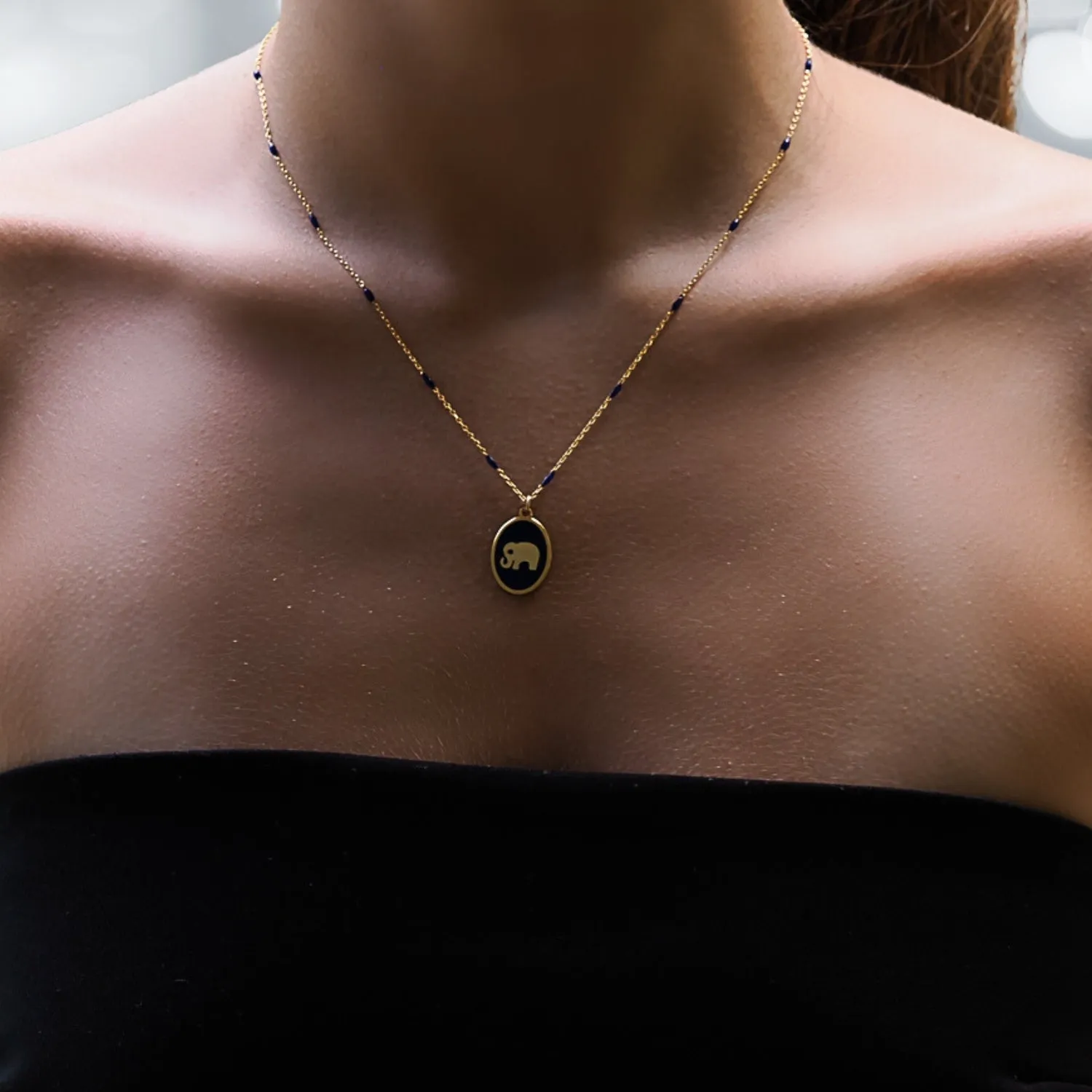 Lucky Elephant Pendant Blue Enamel & Gold Chain Necklace