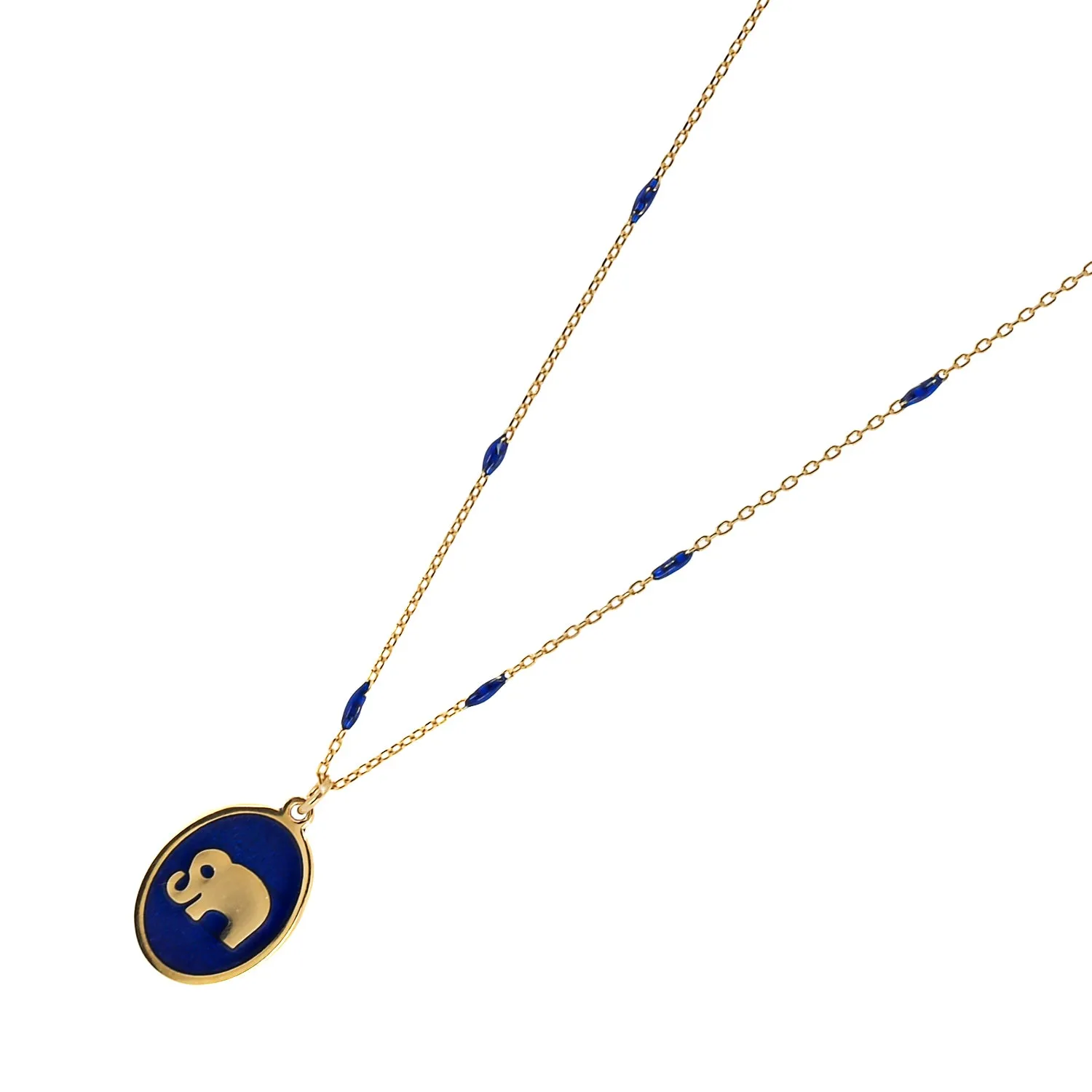 Lucky Elephant Pendant Blue Enamel & Gold Chain Necklace