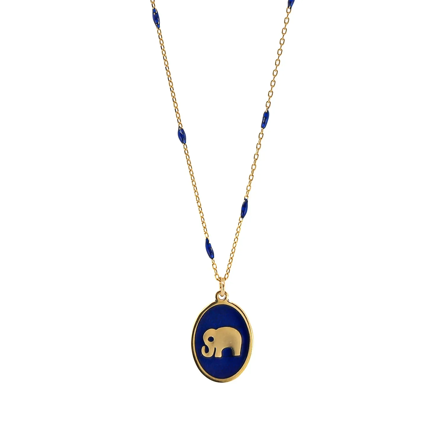 Lucky Elephant Pendant Blue Enamel & Gold Chain Necklace