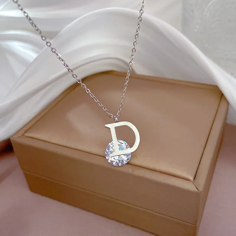 Luxurious Titanium Steel D Letter Necklace Trendy Zircon Pendants in Gold and Silver Colors for Women's Simple yet Elegant Jewelry