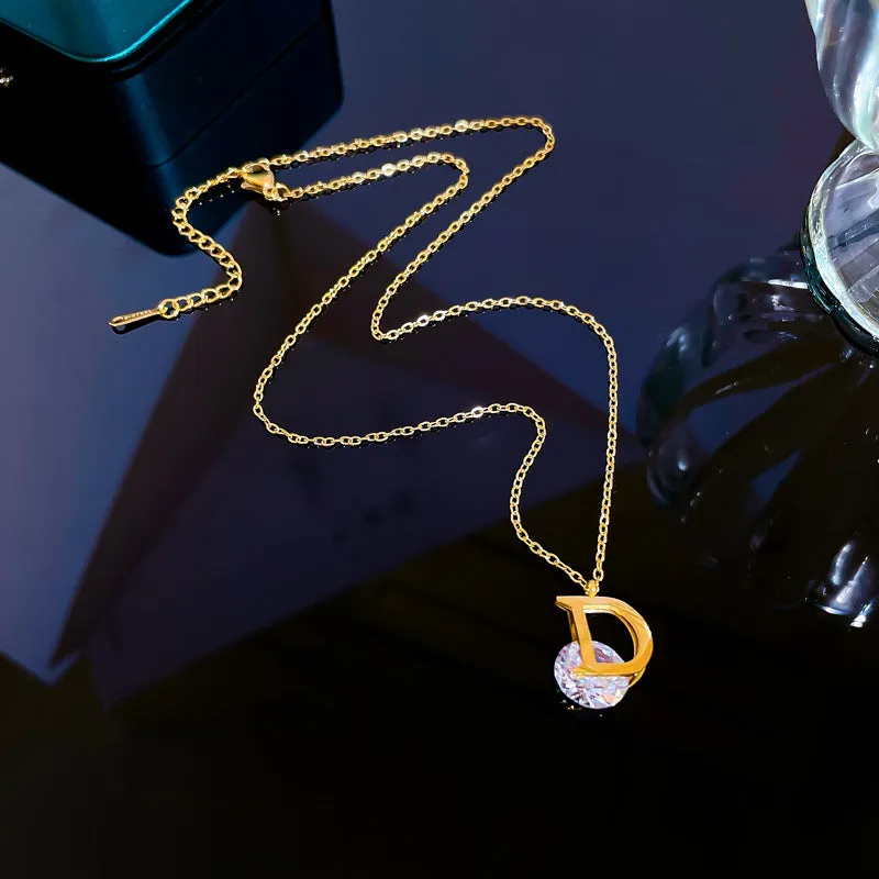 Luxurious Titanium Steel D Letter Necklace Trendy Zircon Pendants in Gold and Silver Colors for Women's Simple yet Elegant Jewelry