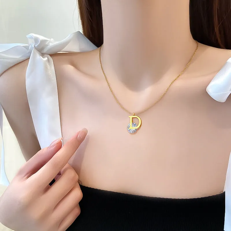 Luxurious Titanium Steel D Letter Necklace Trendy Zircon Pendants in Gold and Silver Colors for Women's Simple yet Elegant Jewelry