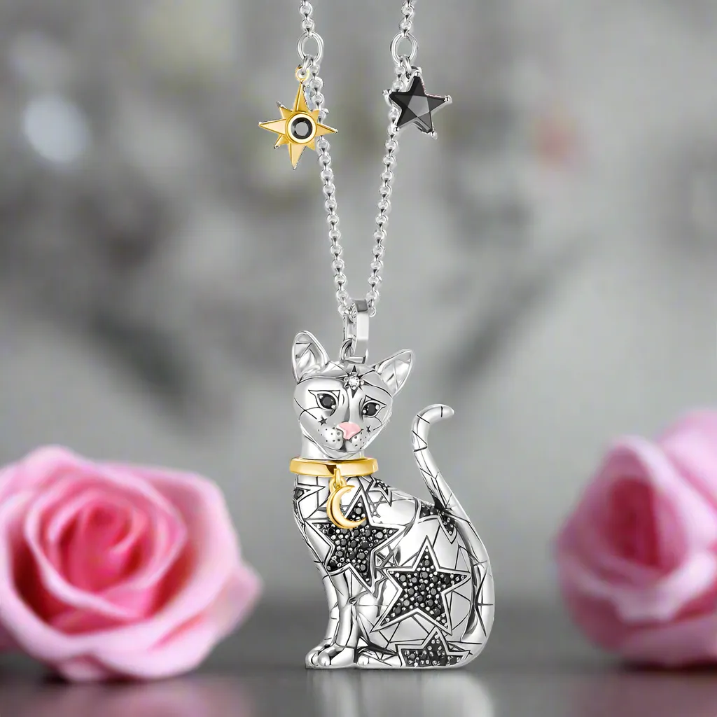 Magic Cat Pendant Necklace with Moon & Stars