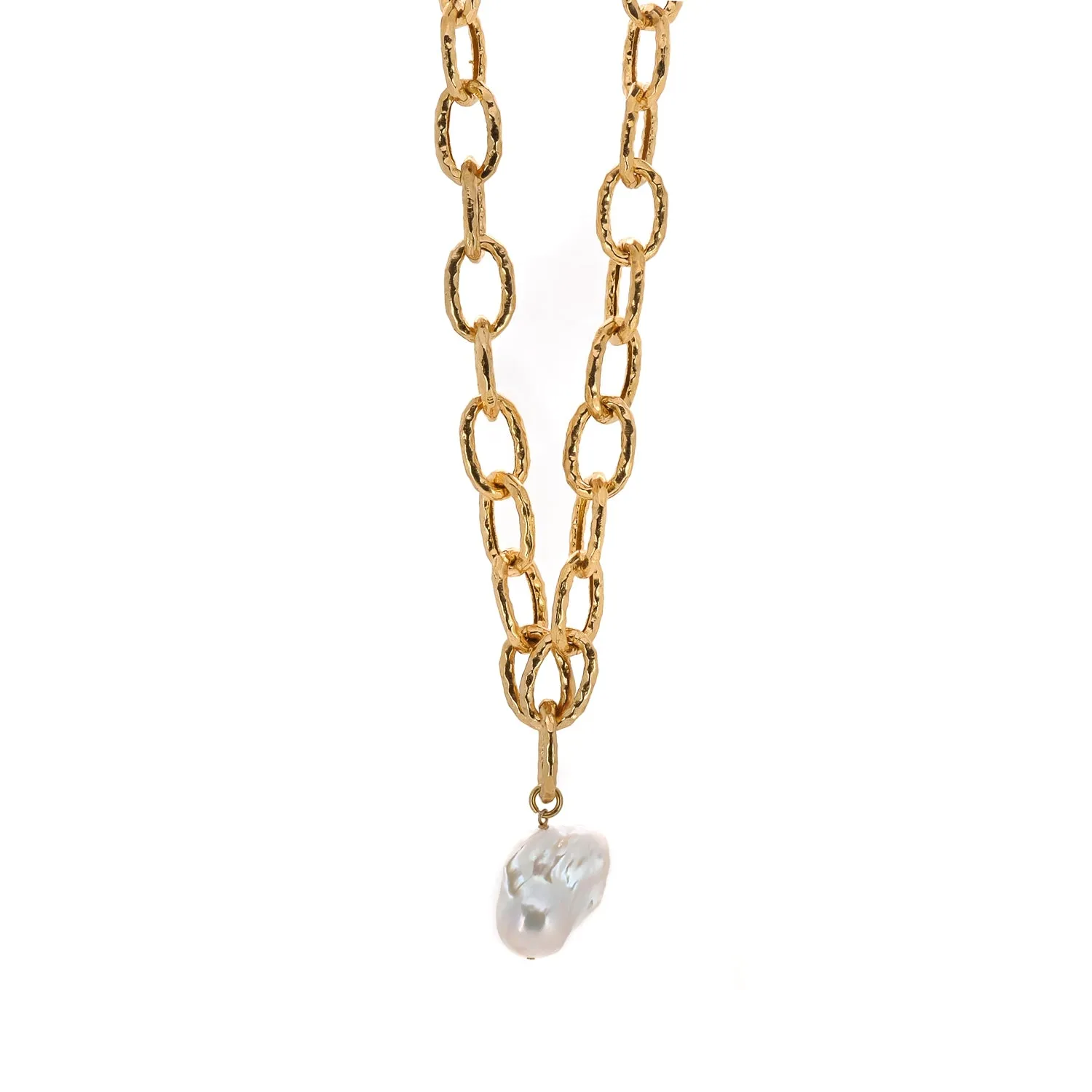 Majestic Pearl Stone Pendant Gold Link Chain Necklace