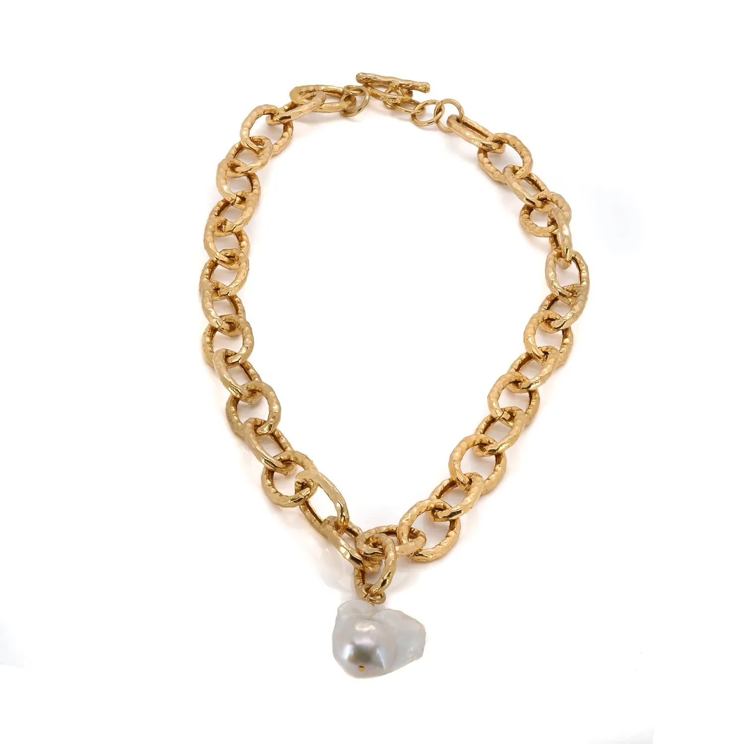 Majestic Pearl Stone Pendant Gold Link Chain Necklace