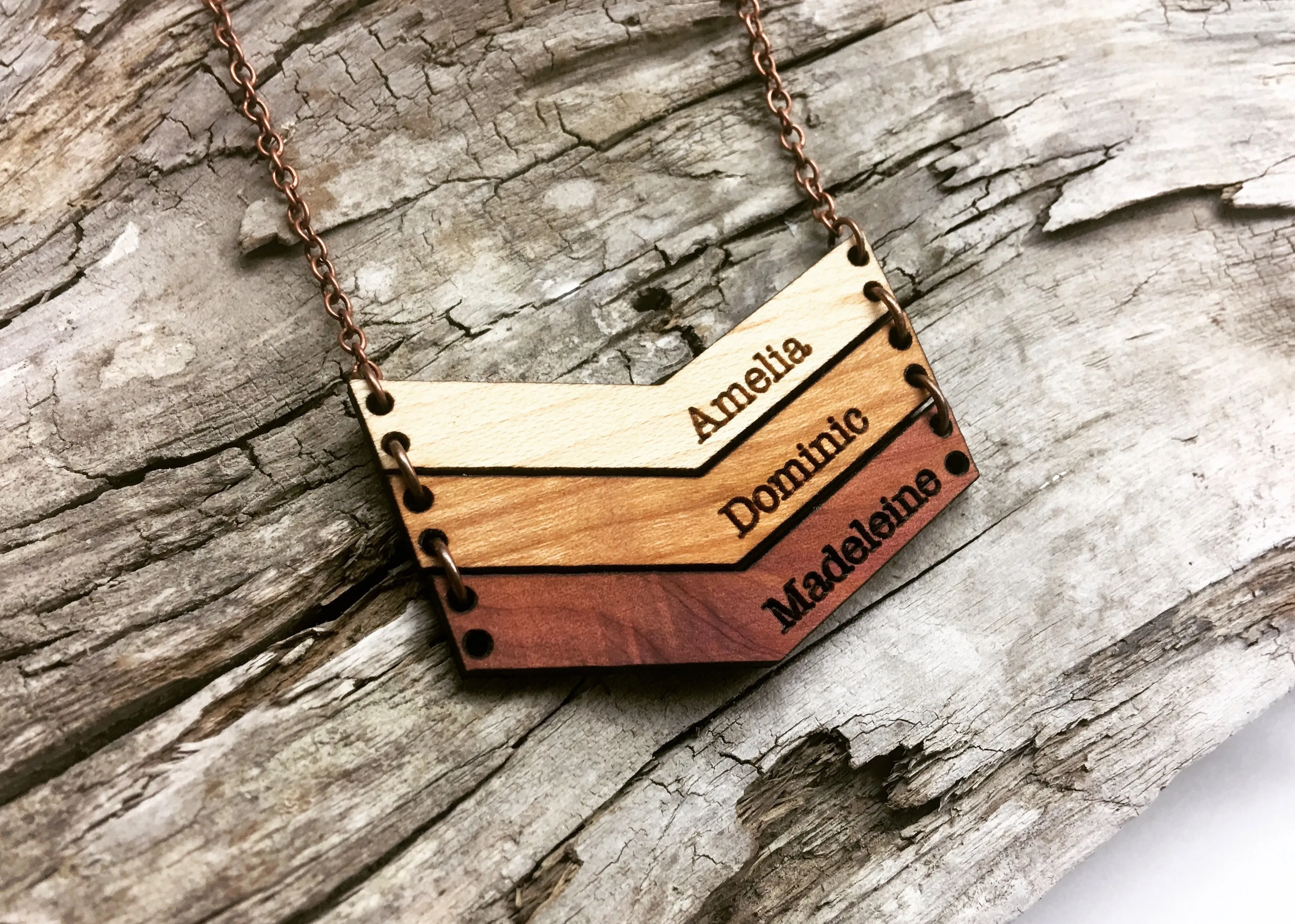Mama Chevron Wood Engraved Name Necklace