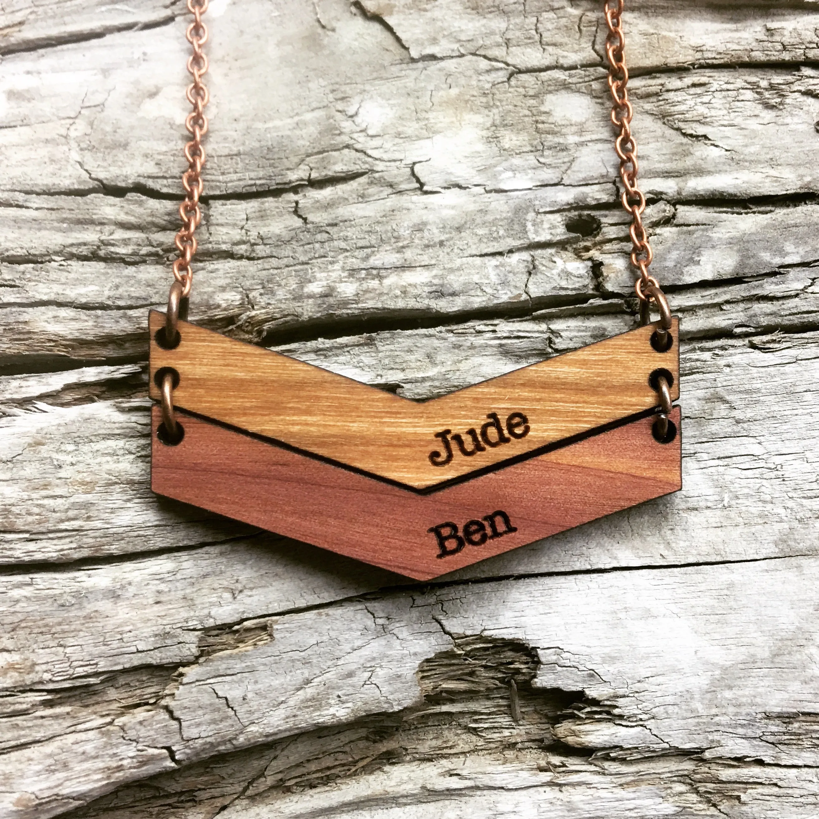 Mama Chevron Wood Engraved Name Necklace