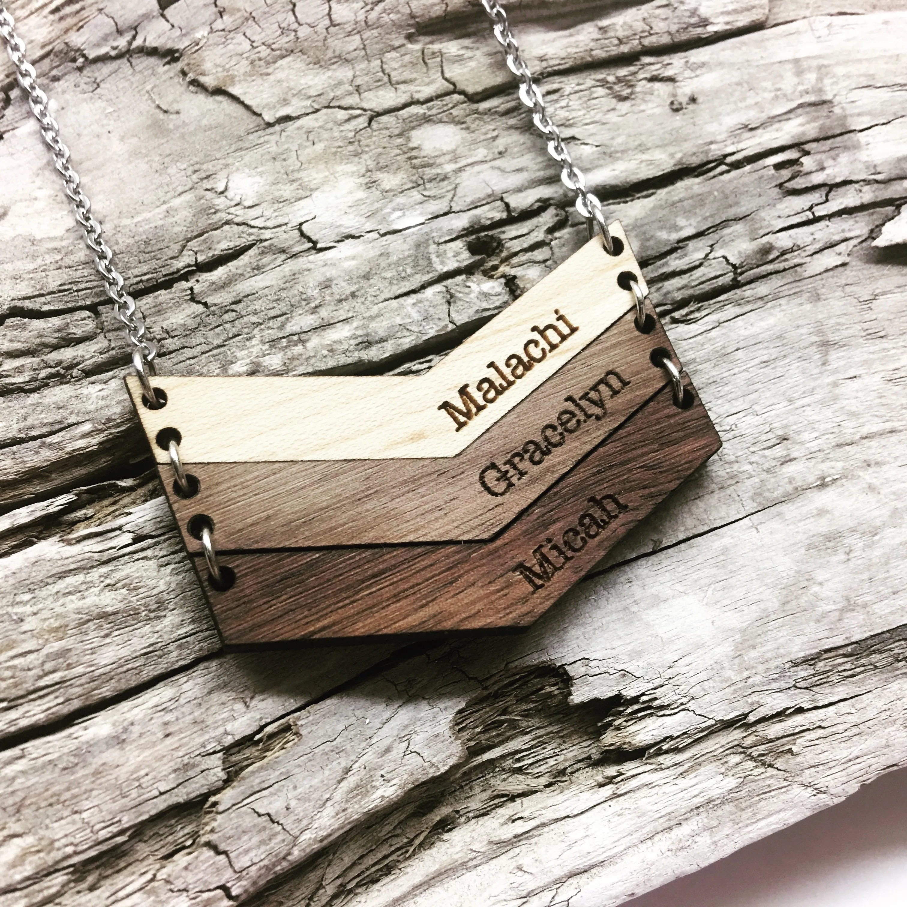 Mama Chevron Wood Engraved Name Necklace