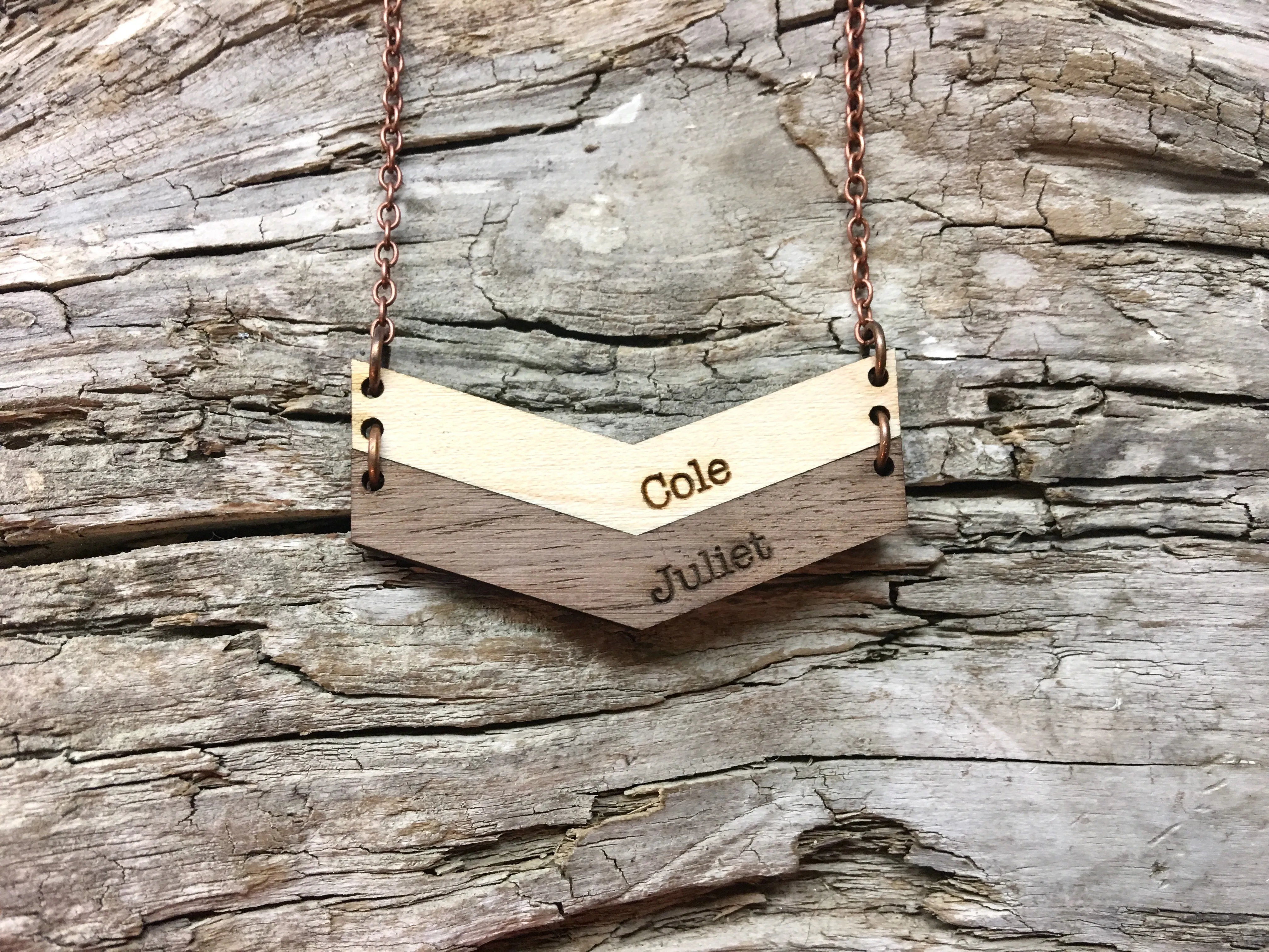 Mama Chevron Wood Engraved Name Necklace