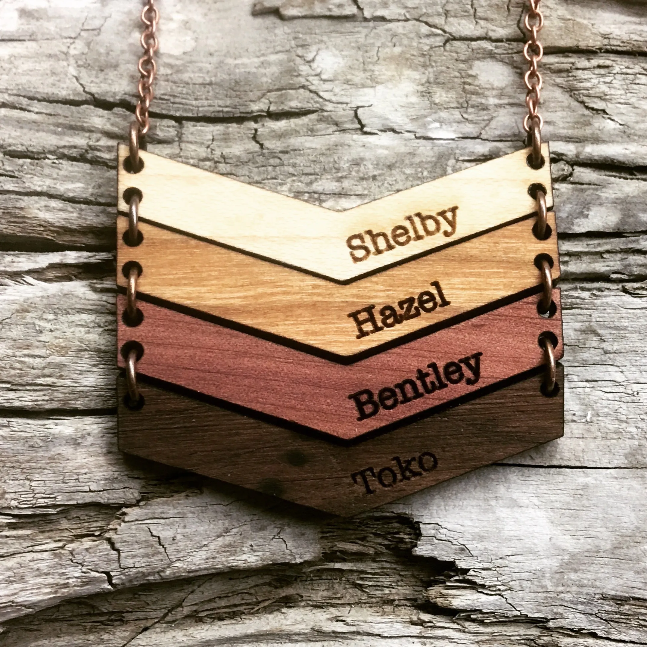 Mama Chevron Wood Engraved Name Necklace