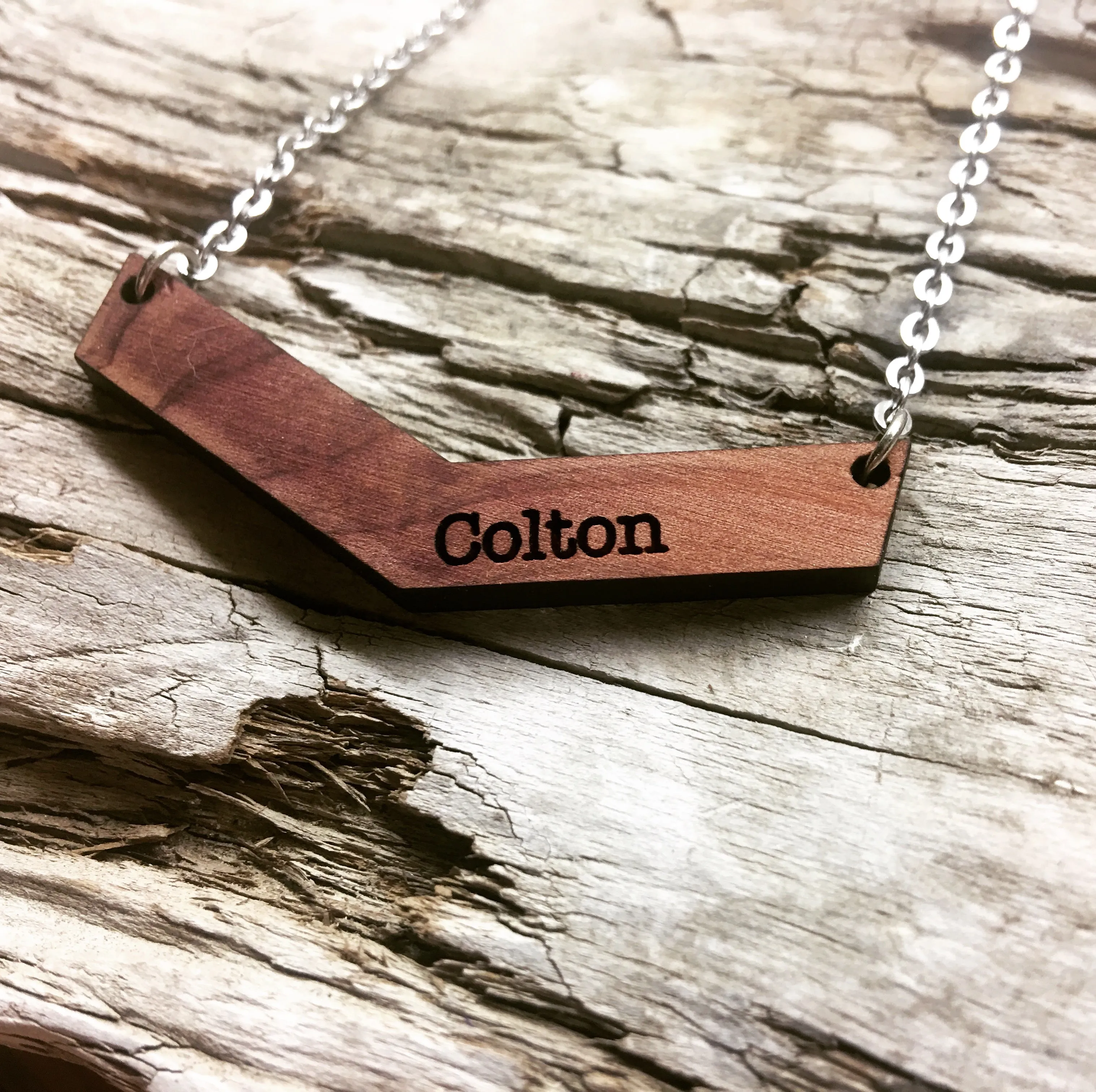 Mama Chevron Wood Engraved Name Necklace